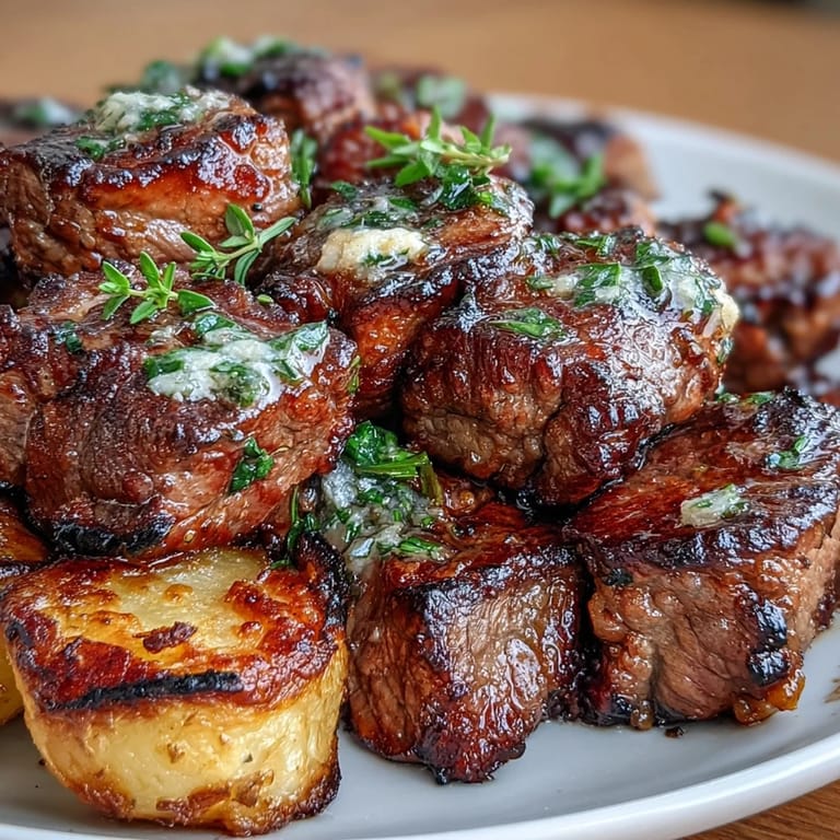 Sizzling sirloin cubes and baby Yukon Gold potatoes coated in fragrant garlic butter sauce with fresh herbs.  