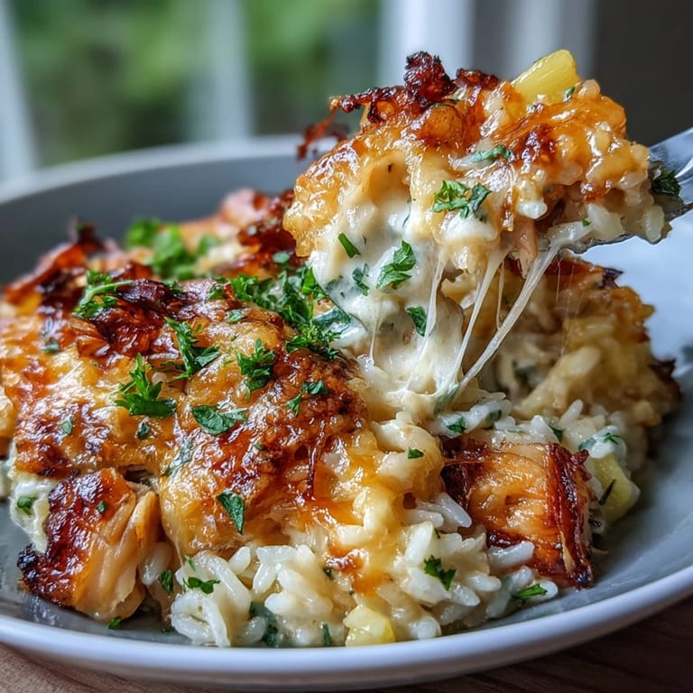 Juicy pineapple chunks and tender chicken bake over fluffy rice, finished with melted cheese for a comforting, family-friendly casserole.