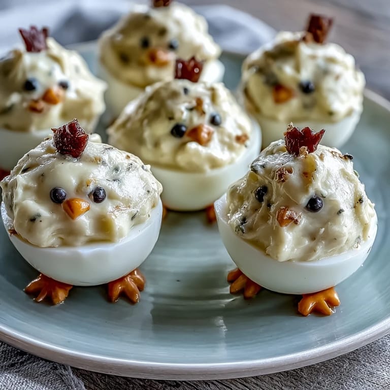 Playful deviled egg chicks with yellow yolk filling, black peppercorn eyes, and carrot beaks for a festive holiday treat.