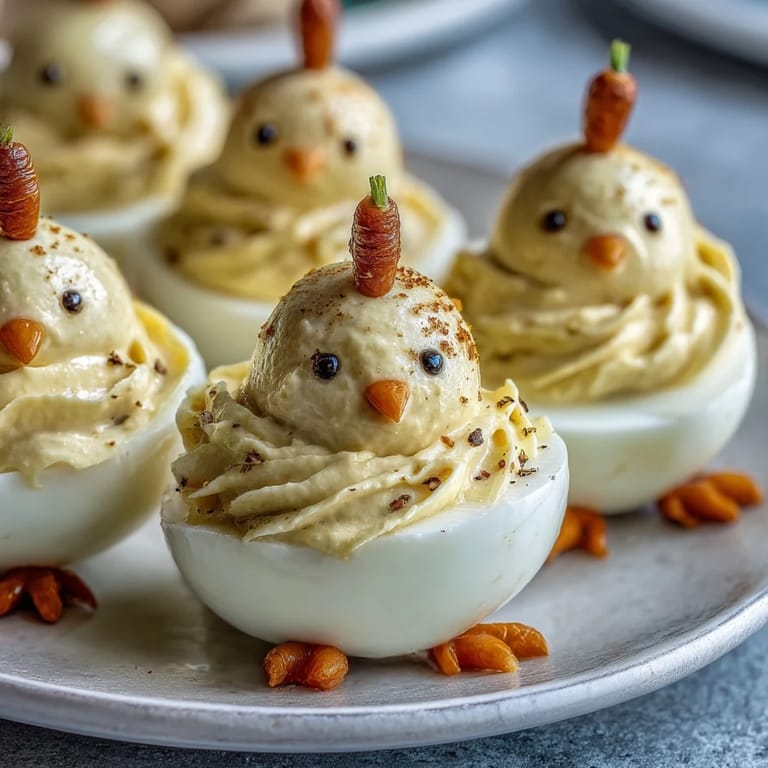 Adorable deviled egg chicks standing upright with creamy filling, decorated with carrot feet and chives for Easter brunch.