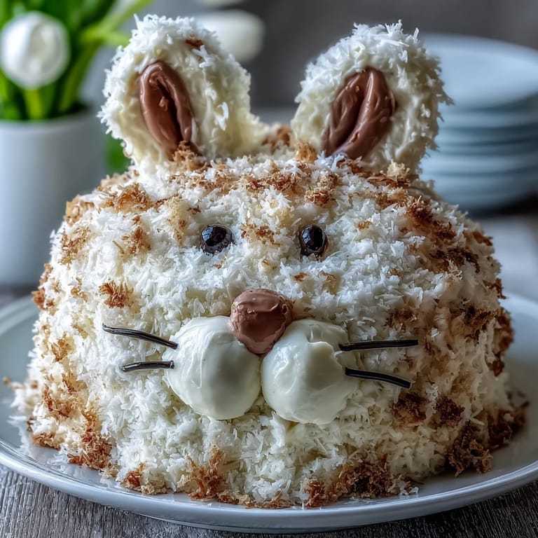 Moist vanilla bunny-shaped cake with coconut fur, pink accents, and gold sprinkles, ideal for a showstopping Easter dessert centerpiece.
