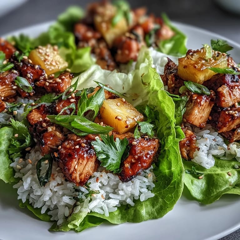 Juicy pineapple chicken stir-fried with vegetables and rice, served in crunchy lettuce cups for a light, satisfying meal.