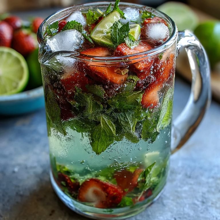 Vibrant alcohol-free mojito pitcher bursting with mint, lime, and spring fruit, ideal for festive occasions and outdoor celebrations.