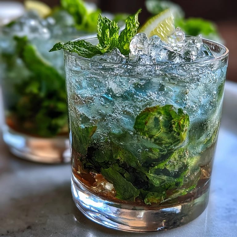 Vibrant non-alcoholic mint julep mocktails with sparkling water, lemon, and apple juice, garnished with lemon slices.  