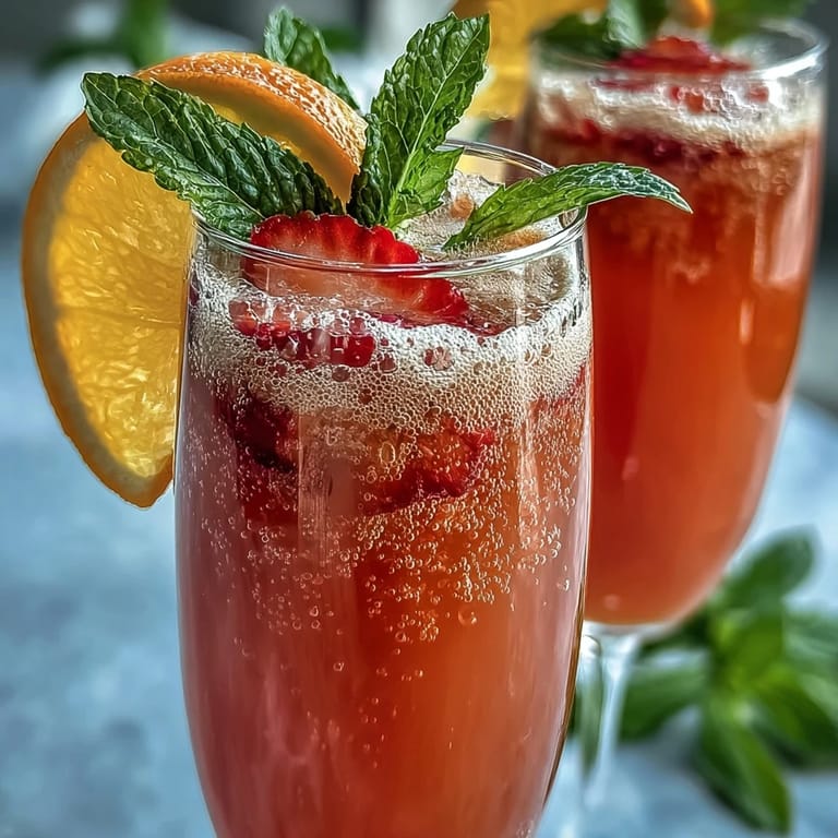 Elegant strawberry mimosa mocktails served in champagne flutes with mint sprigs and fresh fruit slices for Mother's Day celebrations.