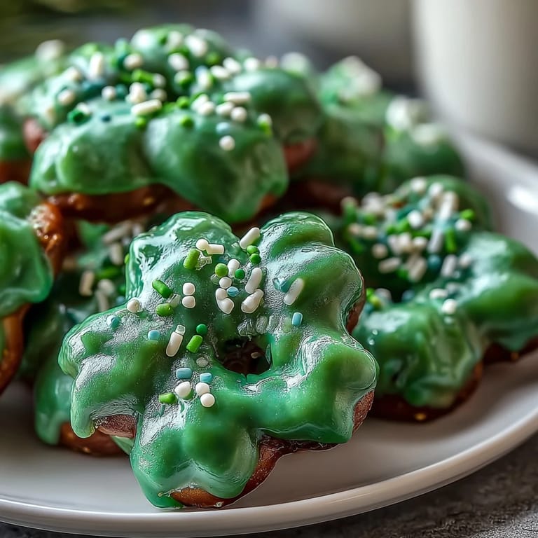 Crunchy pretzel shamrocks dipped in sweet green candy melts and topped with colorful sprinkles, perfect for St. Patricks Day celebrations.