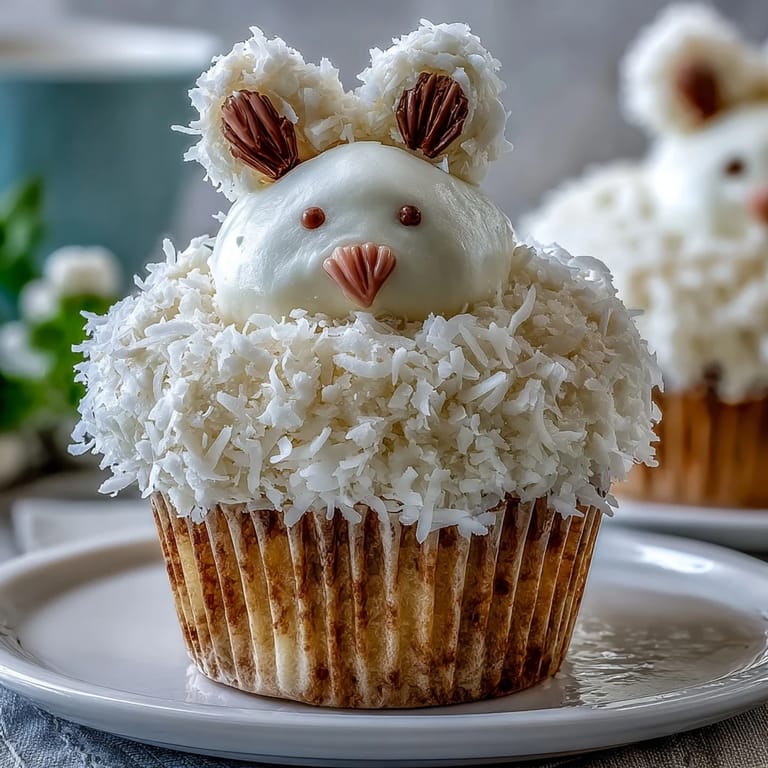 Adorable Easter cupcakes decorated with coconut, marshmallows, and pink paw prints, creating charming bunny tail designs perfect for spring celebrations.
