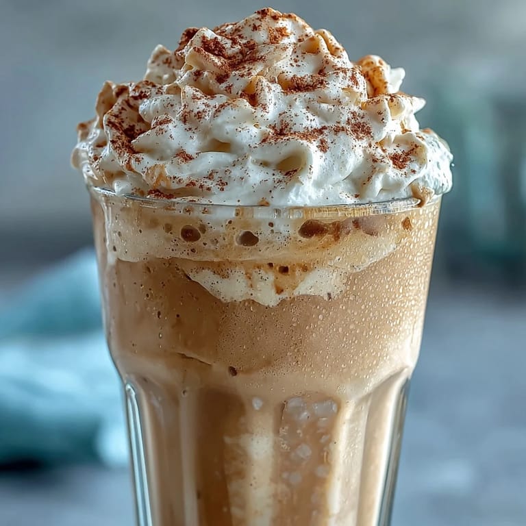 Close-up of a vanilla bean protein shake with vanilla bean specks visible.