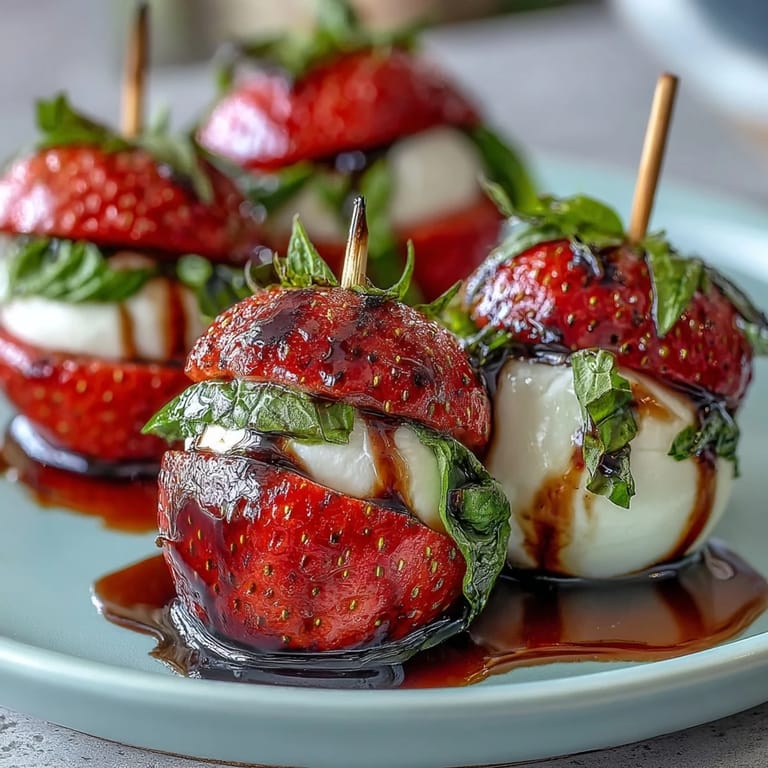 Colorful strawberry caprese skewers arranged artfully on a serving board, with juicy strawberries, soft mozzarella, and fragrant basil leaves, finished with a tangy balsamic glaze.  