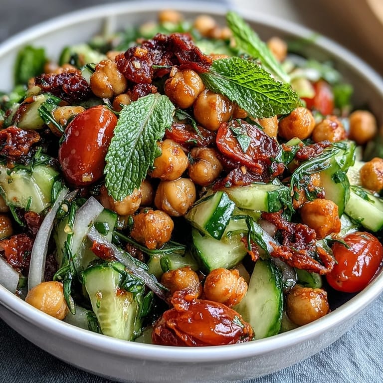 Fresh and vibrant Healthy Easy Cucumber Chickpea Salad with Lemon Vinaigrette, featuring juicy tomatoes, red onion, and fragrant herbs.