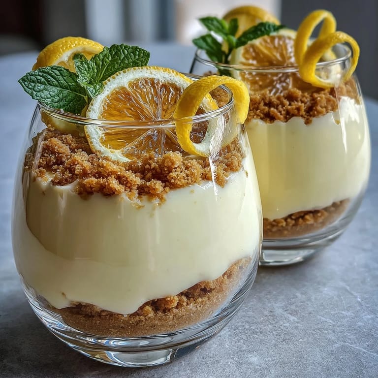 Zesty lemon mousse layered over crisp shortbread crumble, garnished with lemon zest curls and mint for a bright, citrusy treat.