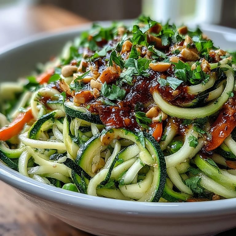 Colorful zucchini noodles and crisp vegetables tossed in creamy peanut sauce, topped with roasted peanuts for crunch.