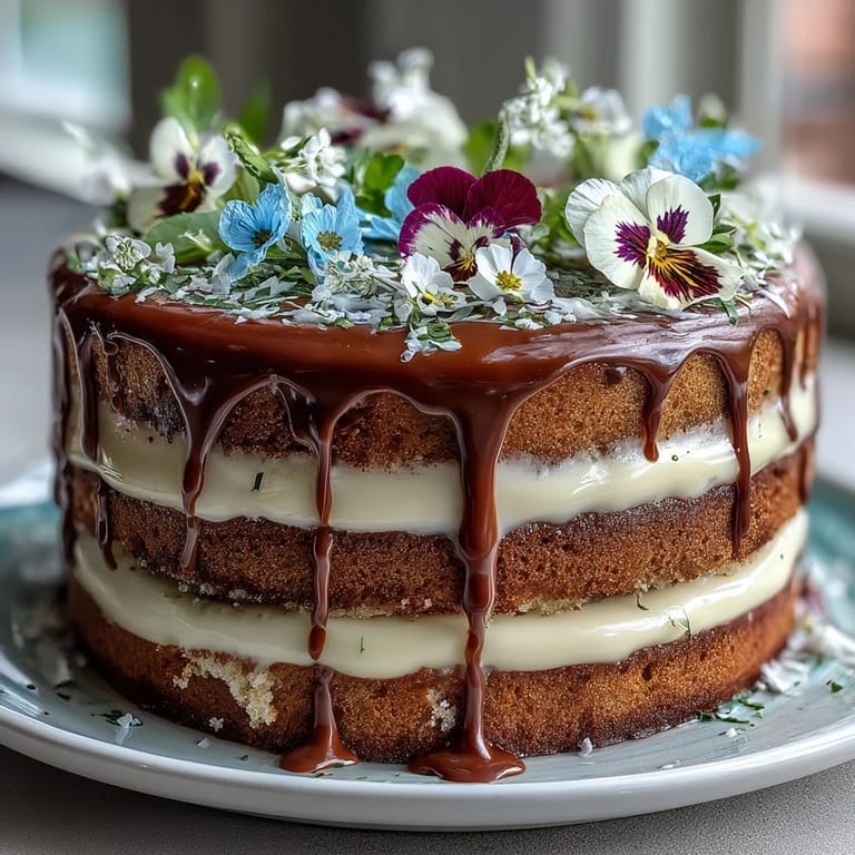 Bright and cheerful spring cake featuring lemon buttercream, soft vanilla sponge, and delicate floral decorations with white chocolate drip.