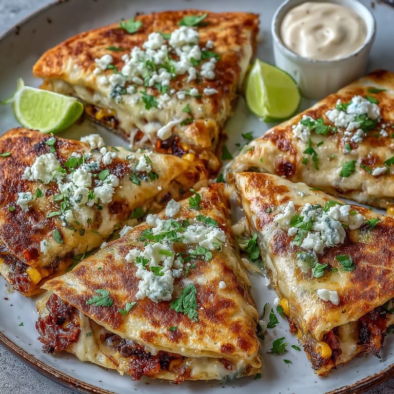 Festive street corn quesadillas layered with Monterey Jack, fresh cilantro, and tangy lime, served with smoky chipotle crema for dipping.