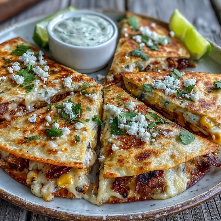 Golden-brown quesadillas stuffed with charred corn, jalapeño, and Cotija cheese, drizzled with zesty chipotle crema for bold Mexican flavors.  