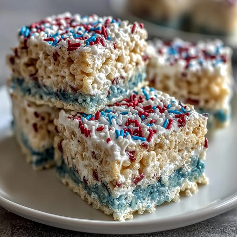 Festive layered Rice Krispies treats with bold red, white, and blue colors and a sprinkle topping.