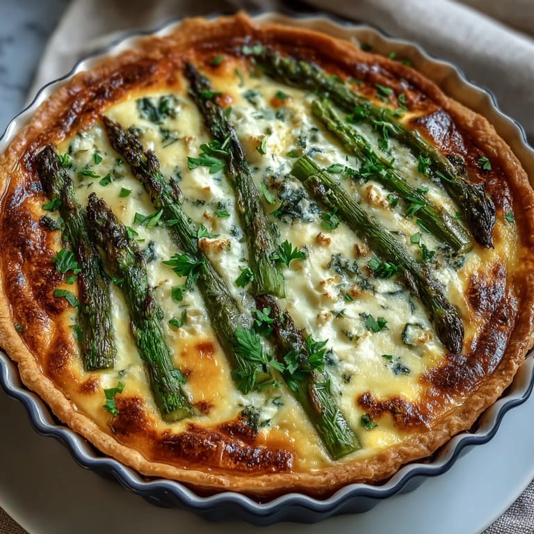 A slice of Easy Mother's Day Brunch Quiche with Asparagus and Brie, garnished with fresh herbs and ready for a festive table.