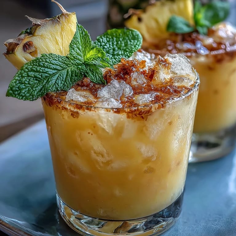 Chilled pineapple coconut agua fresca served over ice with a lime wedge and mint leaves for a tropical refreshment.