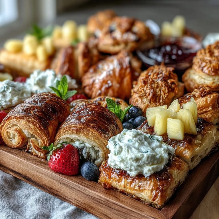 Elegant brunch board featuring flaky croissants, vibrant berries, and sparkling mimosas—perfect for Mothers Day morning.