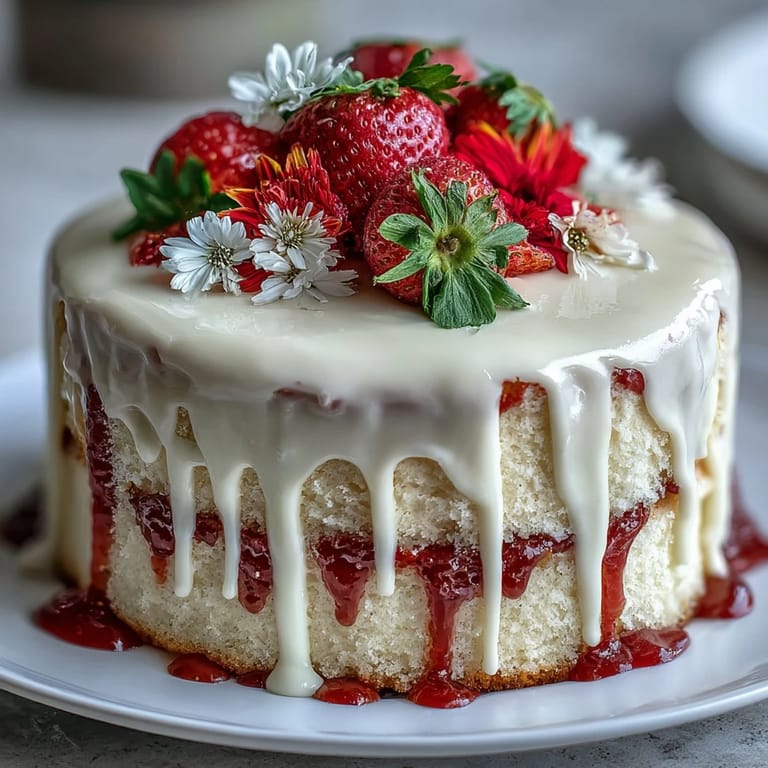 Floral drip cake featuring moist vanilla layers, white chocolate ganache, and fresh strawberry buttercream for a beautiful spring centerpiece.