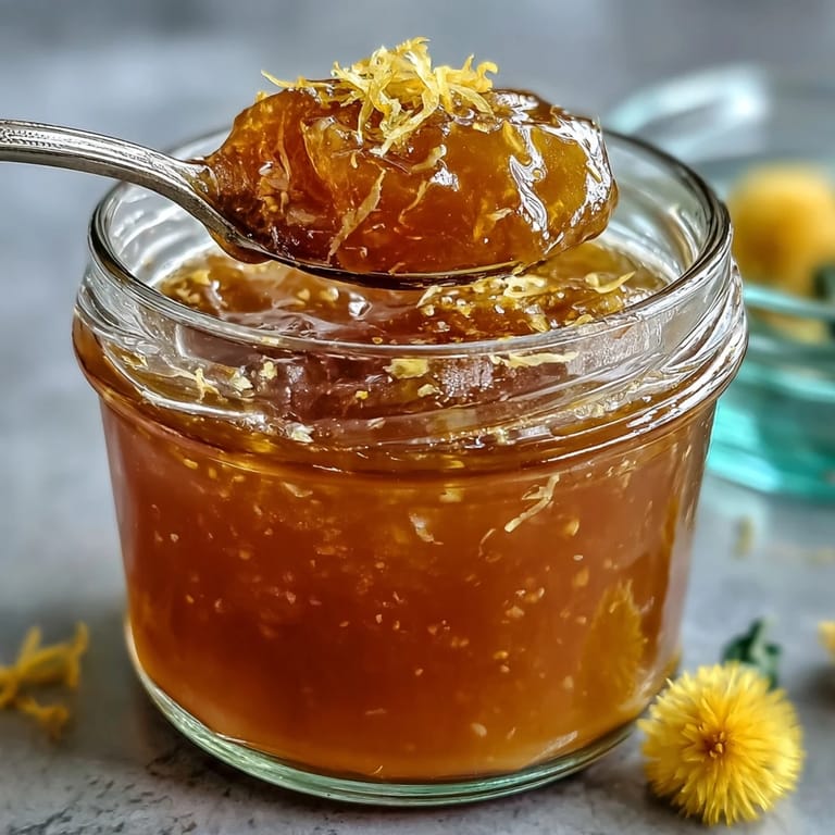 Delicate dandelion petals simmered with lemon and honey, creating a floral jelly with a bright, sunny hue.