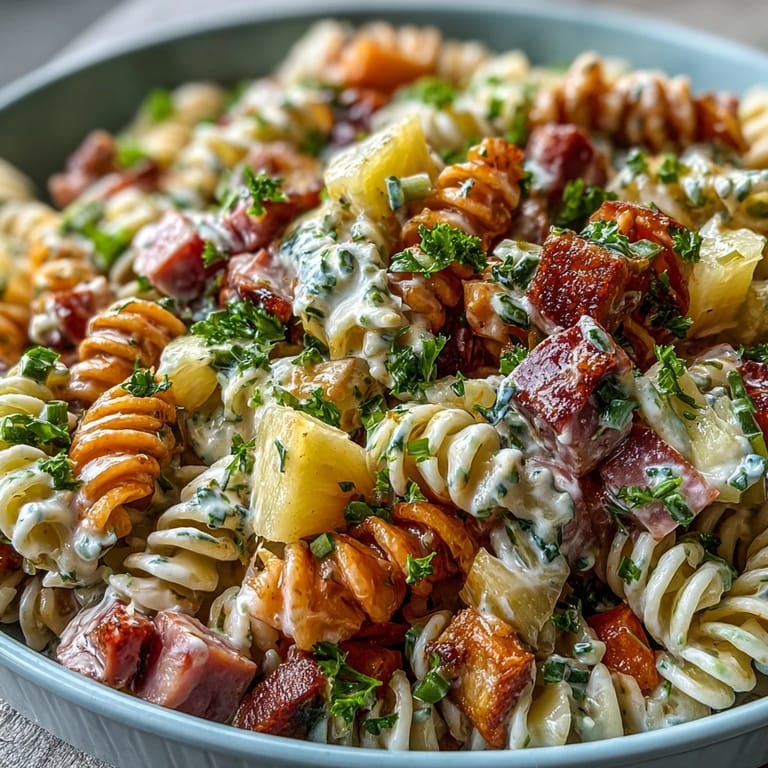Creamy ranch-dressed Hawaiian pasta salad featuring diced ham, sweet pineapple, and fresh vegetables.  