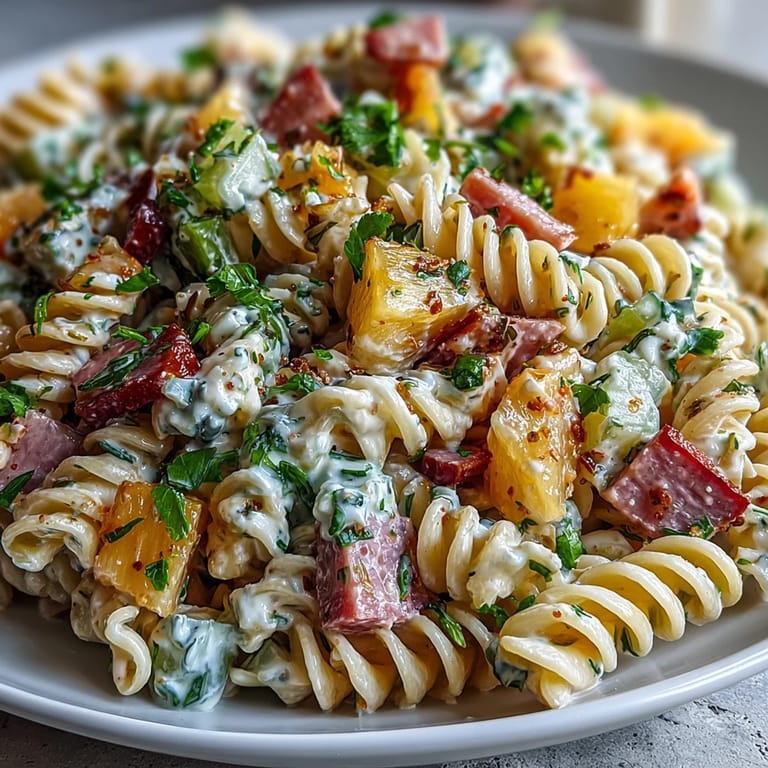 Tropical Hawaiian pasta salad with tender ham, juicy pineapple, and crisp veggies in ranch dressing.