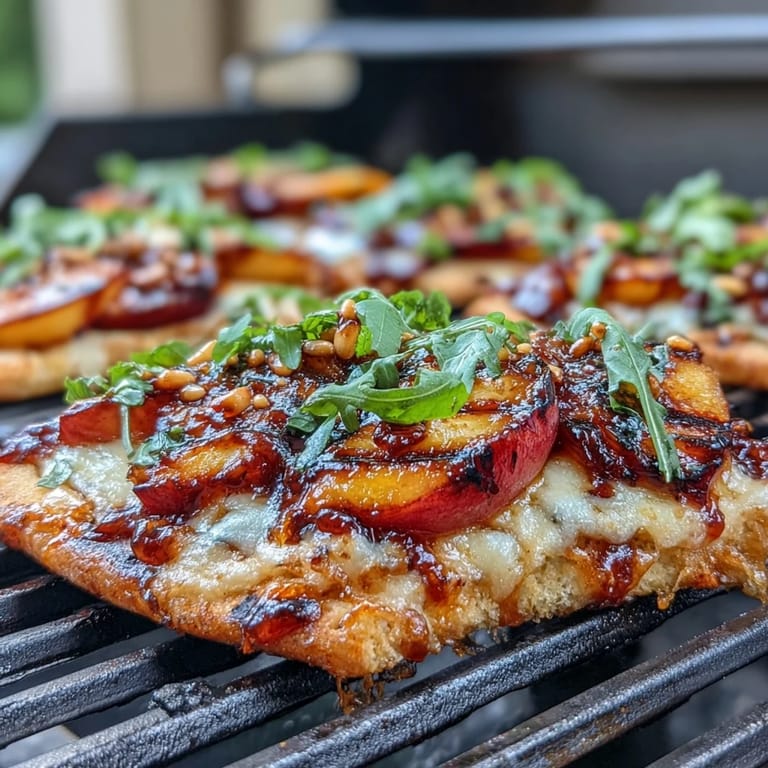 Summer BBQ Peach and Brie Flatbread on the grill, featuring caramelized peaches, creamy Brie, and a drizzle of honey for a sweet finish.