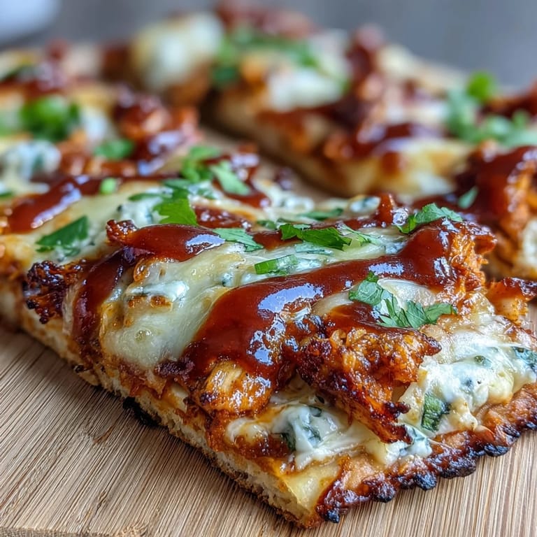 Grilled BBQ chicken flatbread pizza topped with fresh cilantro and jalapeño slices, served hot with a side of crisp salad.