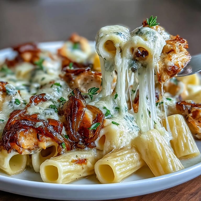 Savory one-pot French onion chicken pasta featuring tender chicken, golden onions, and a bubbling cheese topping, perfect for dinner.