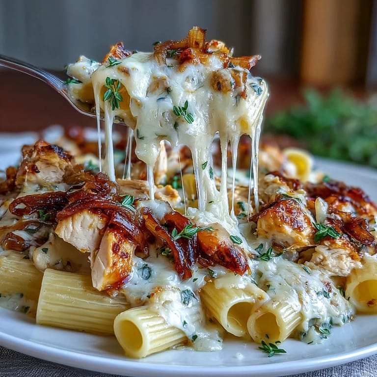 Cozy one-pot French onion chicken pasta with slow-cooked onions, juicy chicken, and a rich, creamy Gruyère sauce.