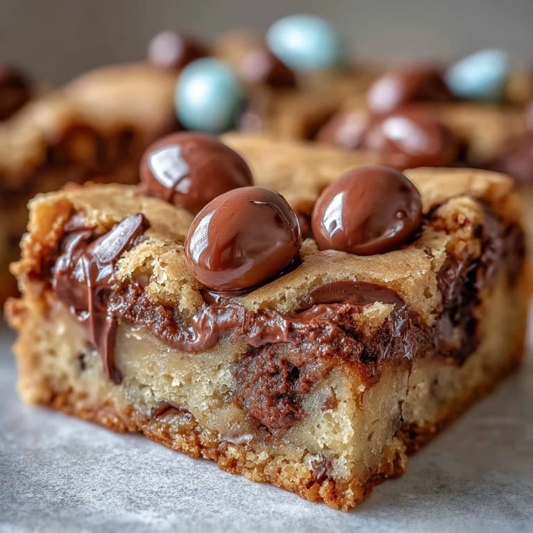 Soft, chewy peanut butter cookie bars topped with vibrant Easter egg candies, perfect for spring celebrations and sweet cravings.