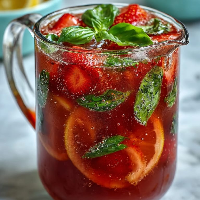 Vibrant pitcher of strawberry basil lemonade mocktail, blending sweet berries, zesty lemon, and fresh basil for a cooling, non-alcoholic drink.