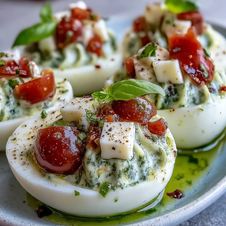 Vibrant deviled eggs filled with basil-infused yolk, garnished with diced tomatoes and fresh mozzarella.