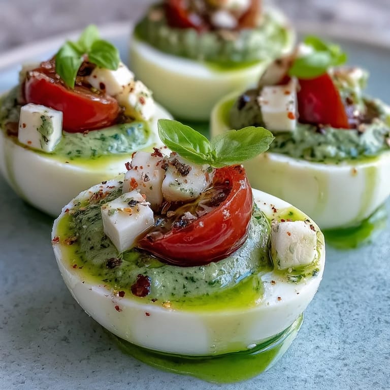 Italian-inspired deviled eggs drizzled with homemade basil oil and sprinkled with cherry tomatoes.