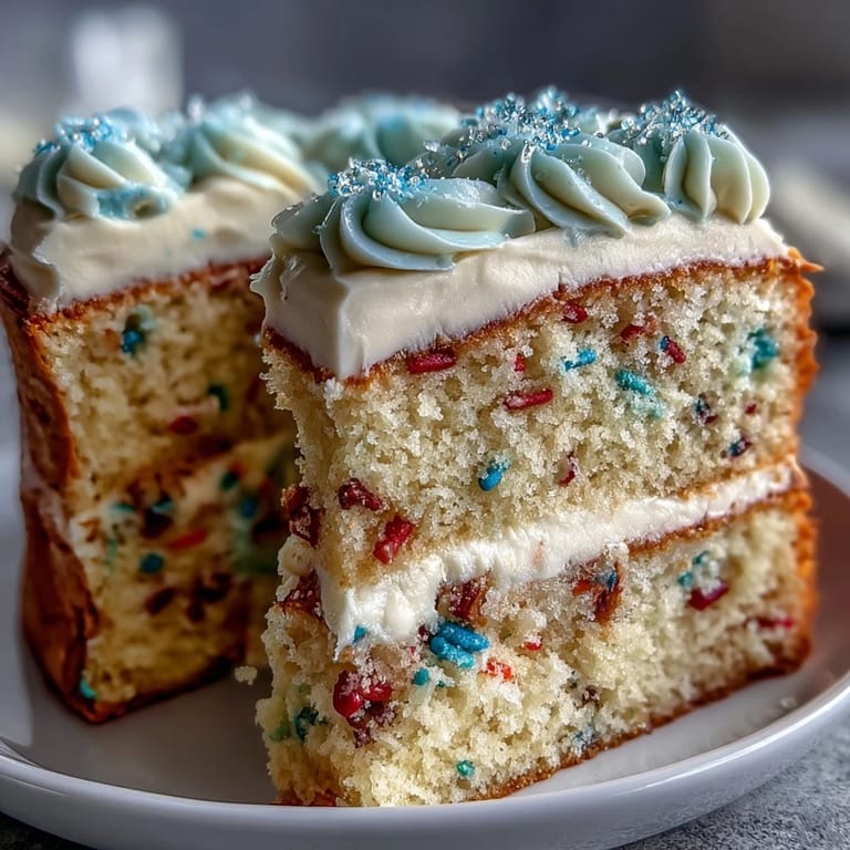 Elegant confetti cake topped with sparkling champagne frosting and edible glitter, ready to impress guests.