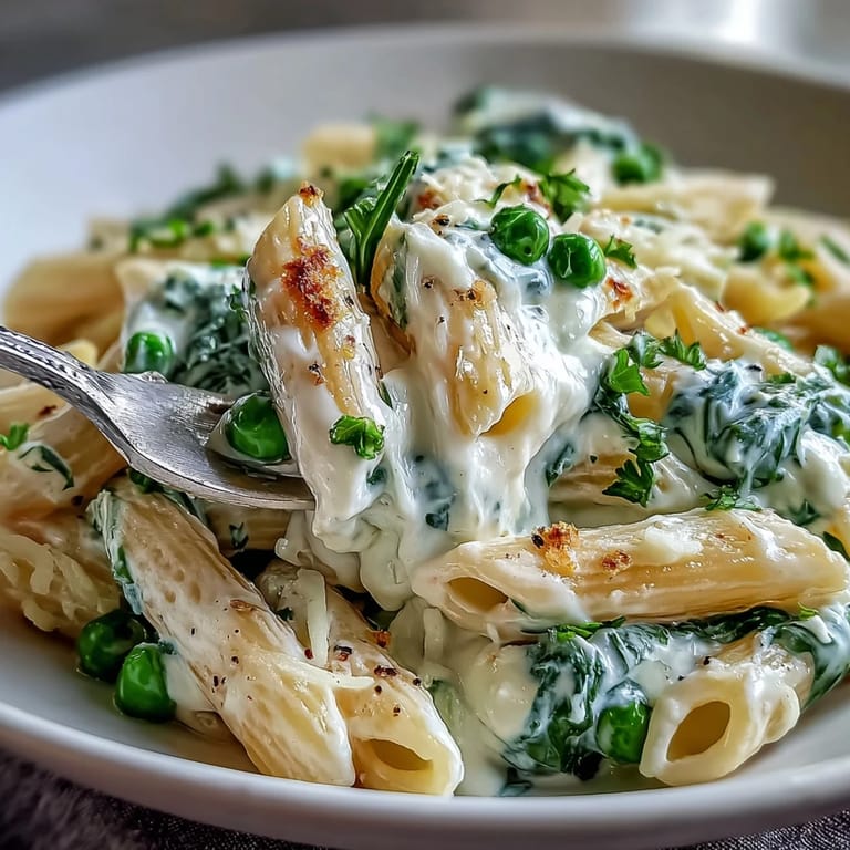 Creamy lemon ricotta pasta with peas and spinach, a quick vegetarian meal full of fresh flavors and vibrant colors.