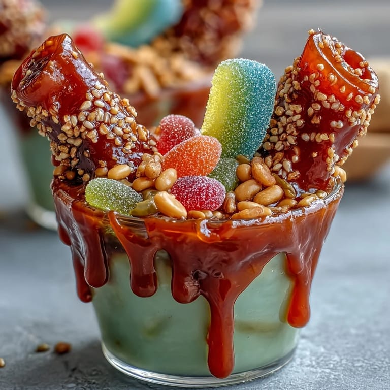 Zesty dill pickle wrapped in sweet fruit roll-up, drizzled with chamoy and sprinkled with Tajín for a viral snack sensation.