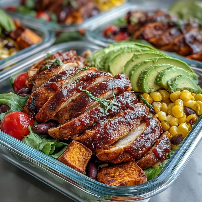 Hearty BBQ chicken meal prep bowls, grilled to perfection with sweet potatoes.