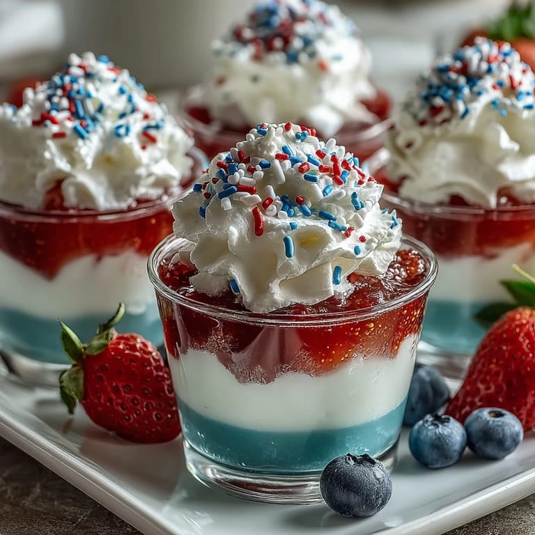 Enjoy fruity, layered 4th of July Firecracker Jello Shots topped with sweet cream.