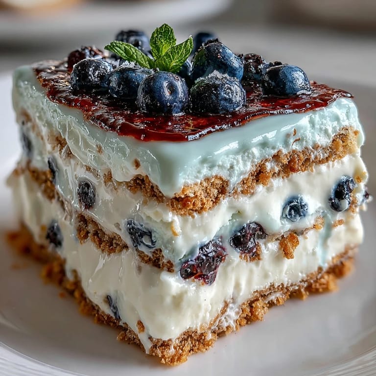 Chilled Lemon Blueberry Icebox Cake with vibrant blueberry swirls and creamy lemon filling.