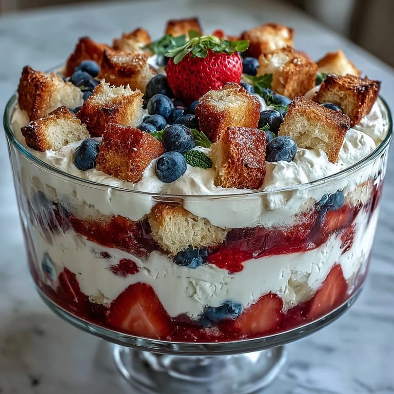 Delectable Red White Blue Berry Trifle, showcasing vibrant fruit and fluffy dessert layers.