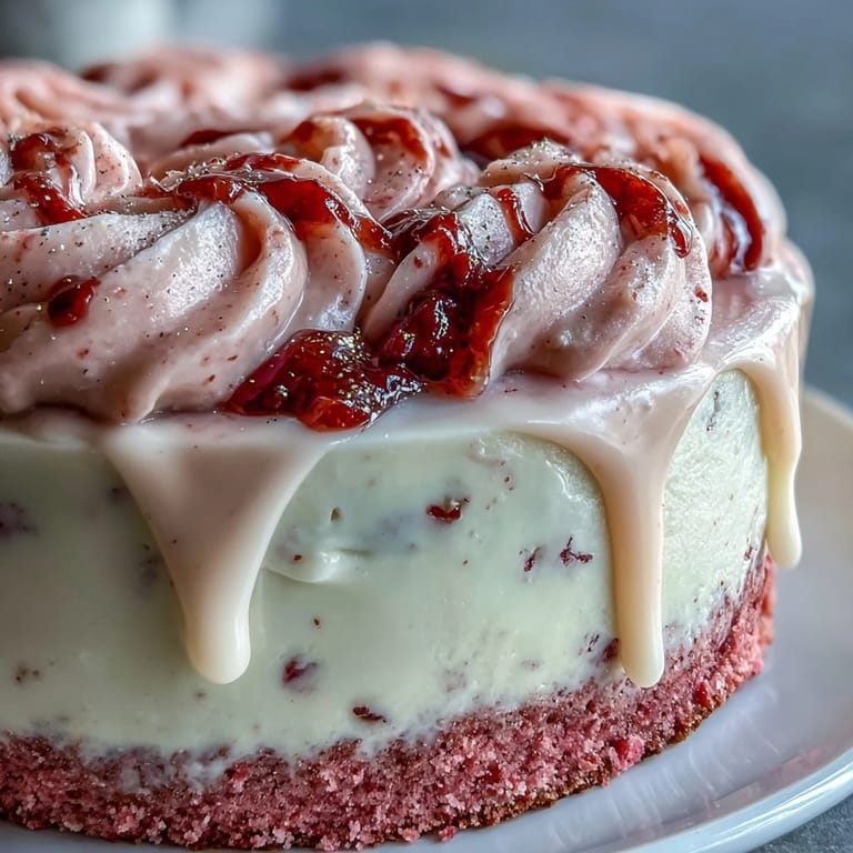 Beautiful white gold drip cascading over this Bridal Shower Rosé Velvet Cake.