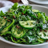 A vibrant Glowing Green Salad showcasing crisp cucumber, celery, and mixed greens tossed in a lemony vinaigrette.