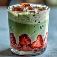 Vibrant strawberry matcha latte with creamy oat milk foam, layered with fresh strawberry puree and earthy matcha for a refreshing vegan drink.