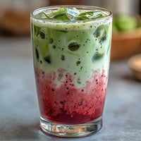 Dairy-free strawberry matcha iced latte with coconut milk in a tall glass, vibrant red strawberry layer topped with green matcha and creamy white coconut milk, served with ice cubes and garnished with fresh strawberries.