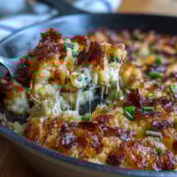 Funeral potatoes and ham breakfast skillet with crispy hash browns, creamy cheese sauce, and golden cornflake topping in a cast iron pan.