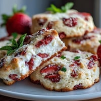 Soft and tender cottage cheese cookies with fresh strawberries, baked golden and dusted with coarse sugar.