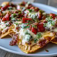 A vibrant summer party platter with crispy tortilla chips, melted cheese, and a fresh strawberry salsa bursting with color and flavor.
