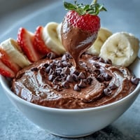 Creamy cottage cheese brownie batter dip served with colorful fruit dippers for a healthy, protein-packed dessert.